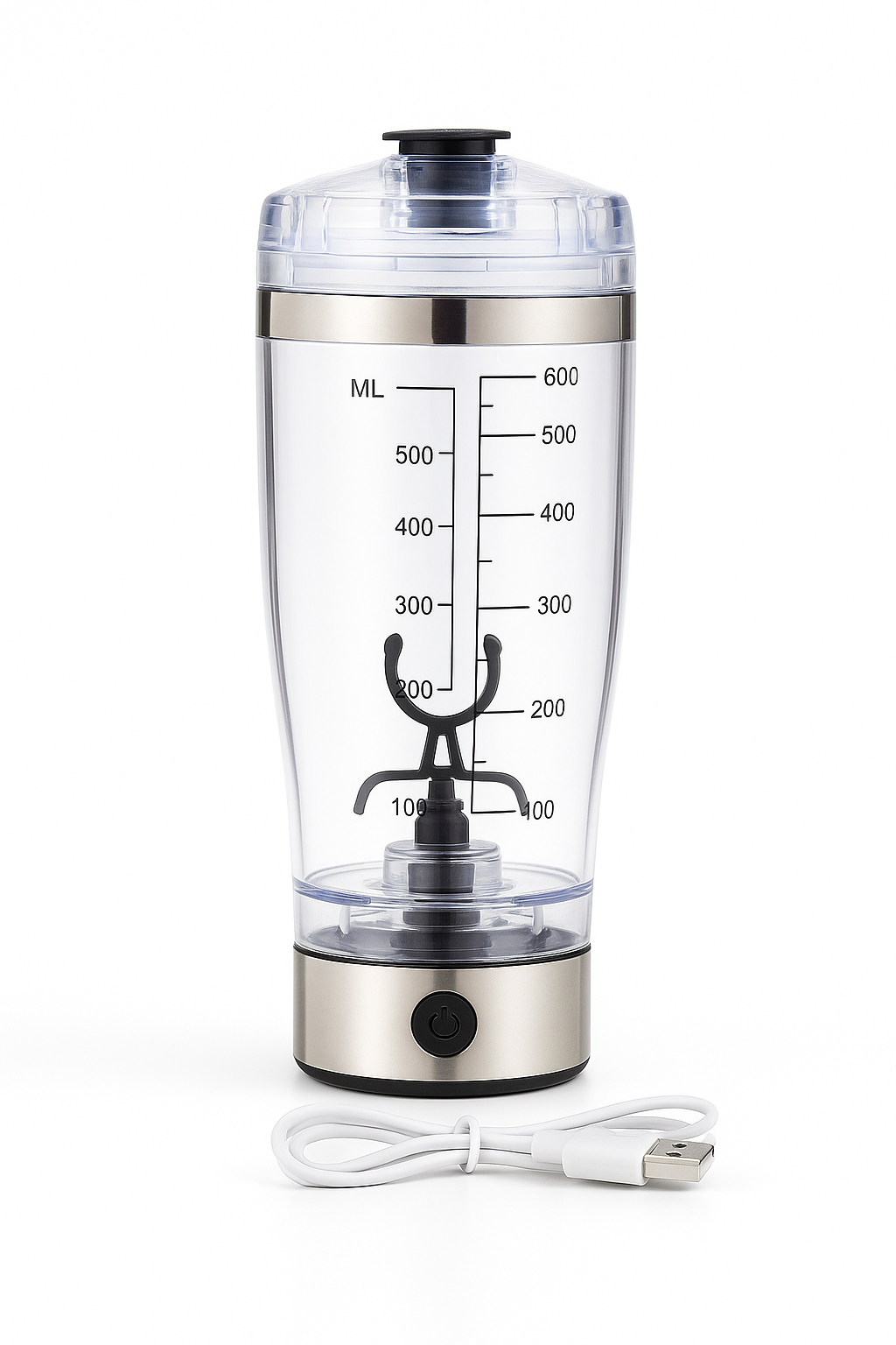 Electric Portable Protein Blender 600ml. Self-mixes your protein powder in 15 sec. Smooth texture, no lumps, no effort. USB-rechargeable.