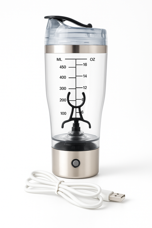 Electric Portable Protein Blender 450ml. Self-mixes your protein powder in 15 sec. Smooth texture, no lumps, no effort. USB-rechargeable.